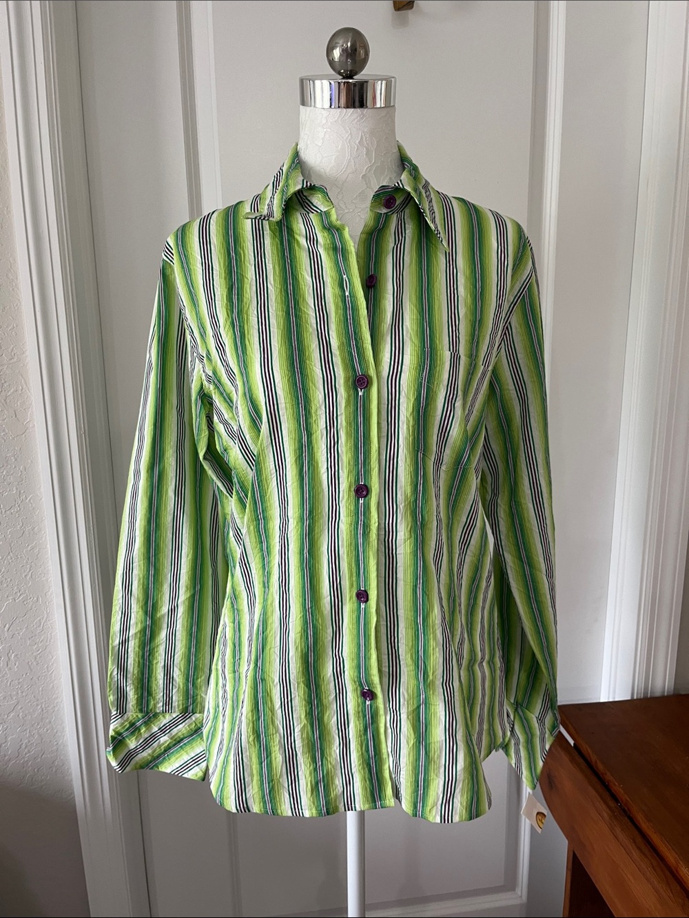 Talbots VTG NWT Lime Green,Purple and White Striped Button-Down Shirt SZ S